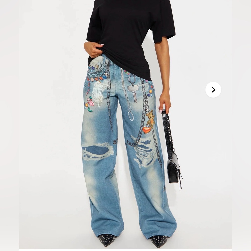 Little Charmer Printed Wide Leg Jeans - Light Wash
